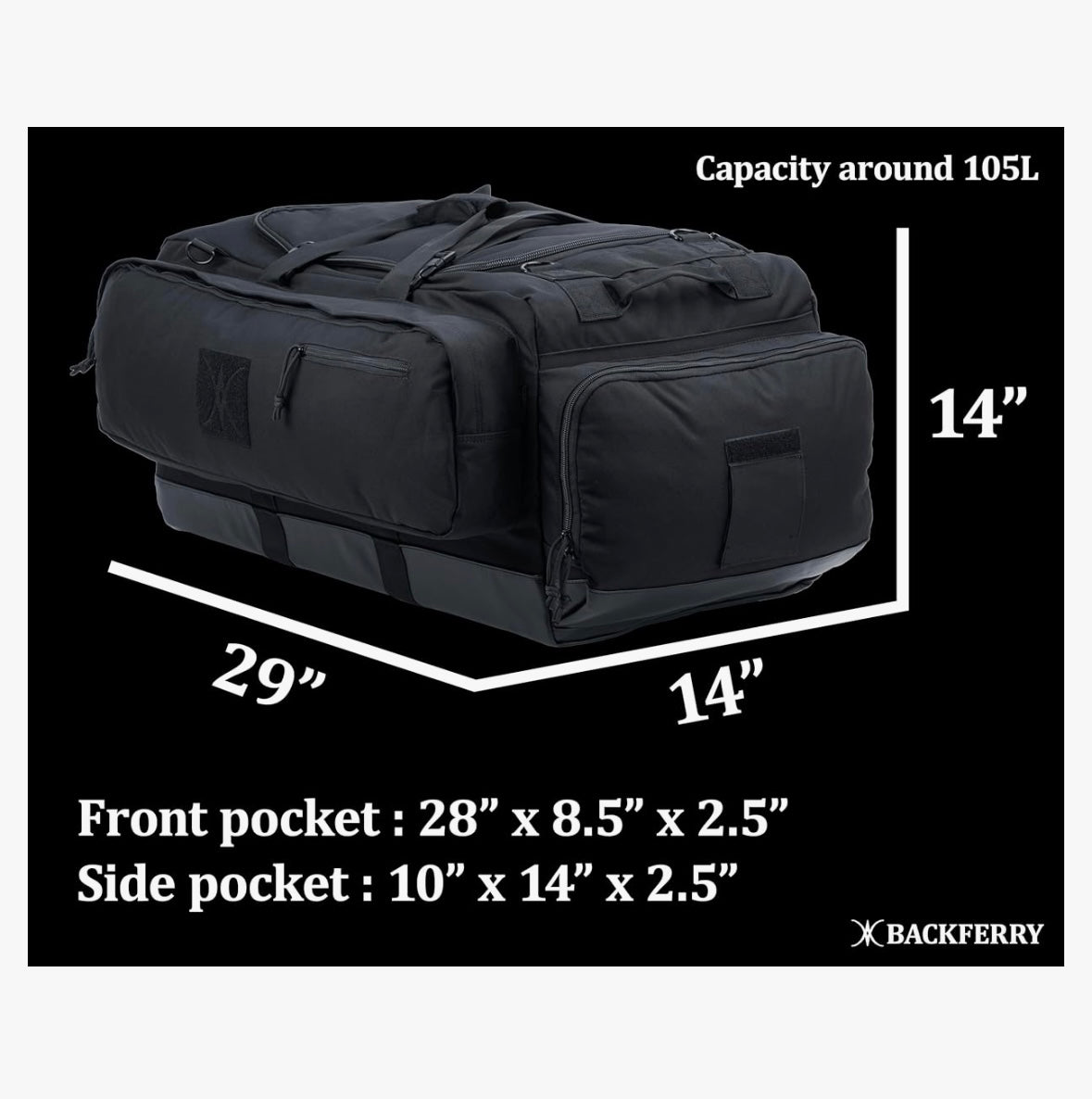 BACKFERRY Large Duffle Bag Duffel Pack with Backpack Shoulder Straps and Shoes Compartment 105L for Sports Travel Hunting Camping.