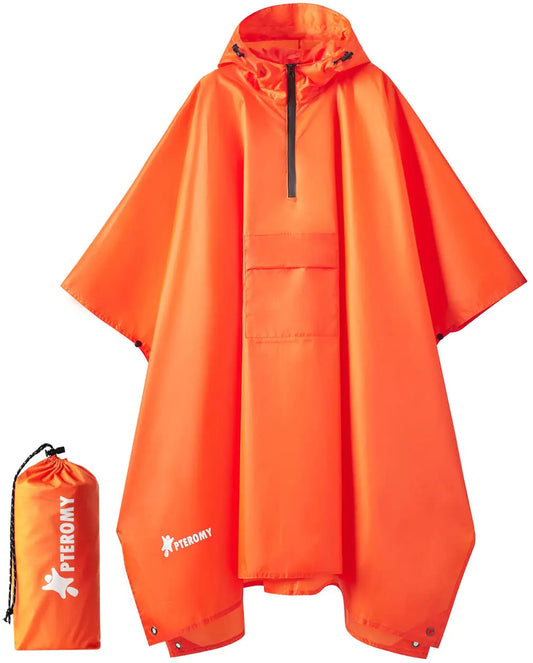 Hooded Rain Poncho for Adult with Pocket, Waterproof Lightweight Unisex Raincoat for Hiking Camping Emergency Orange 1/4 Zipper